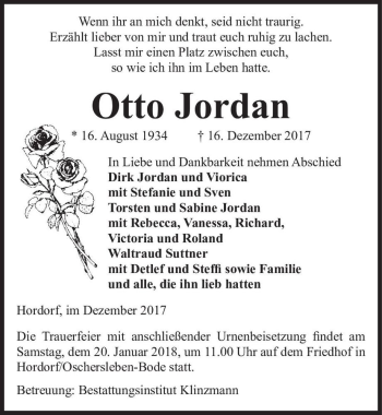 Traueranzeige von Otto Jordan  von Magdeburger Volksstimme