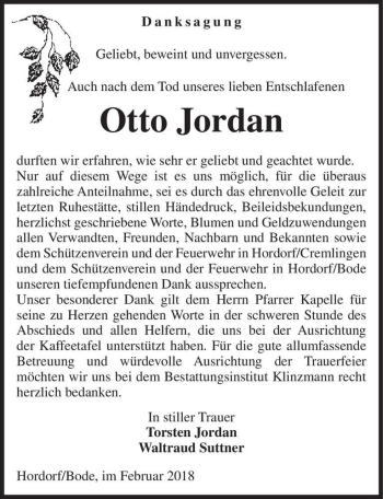 Traueranzeige von Otto Jordan  von Magdeburger Volksstimme