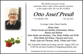 Traueranzeige von Otto Josef Preuß  von Magdeburger Volksstimme