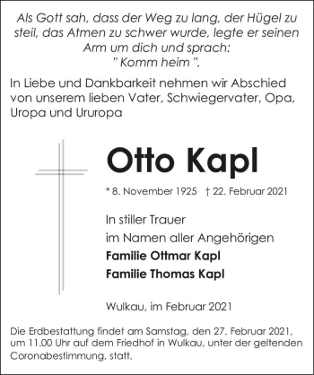 Traueranzeige von Otto Kapl  von Magdeburger Volksstimme
