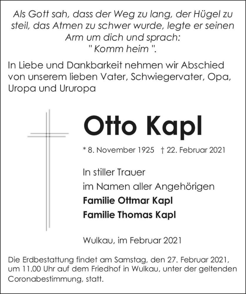  Traueranzeige für Otto Kapl  vom 25.02.2021 aus Magdeburger Volksstimme