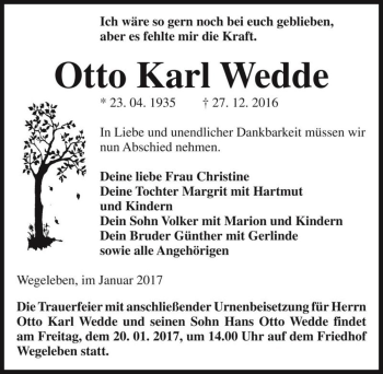 Traueranzeige von Otto Karl Wedde  von Magdeburger Volksstimme