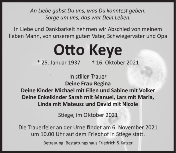 Traueranzeige von Otto Keye  von Magdeburger Volksstimme