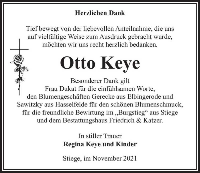  Traueranzeige für Otto Keye  vom 13.11.2021 aus Magdeburger Volksstimme