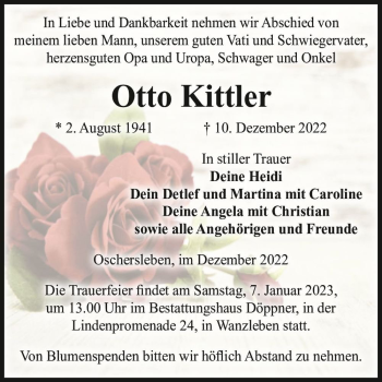 Traueranzeige von Otto Kittler  von Magdeburger Volksstimme