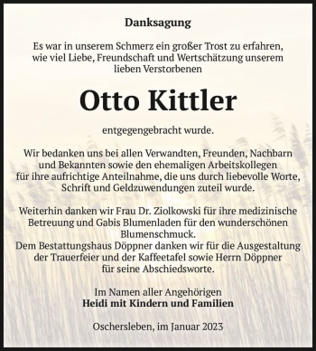 Traueranzeige von Otto Kittler  von Magdeburger Volksstimme