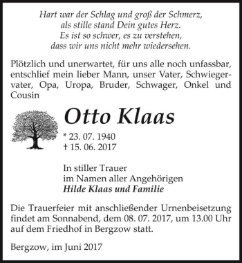 Traueranzeige von Otto Klaas  von Magdeburger Volksstimme