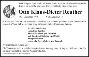 Traueranzeige von Otto Klaus-Dieter Reuther  von Magdeburger Volksstimme