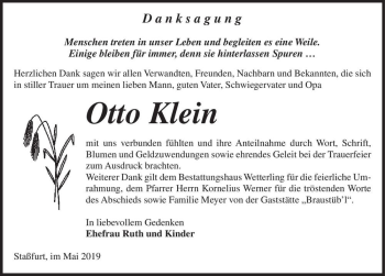 Traueranzeige von Otto Klein  von Magdeburger Volksstimme
