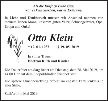 Traueranzeige von Otto Klein  von Magdeburger Volksstimme
