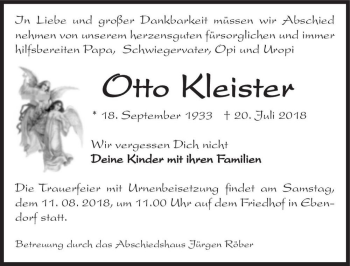Traueranzeige von Otto Kleister  von Magdeburger Volksstimme