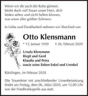 Traueranzeige von Otto Klensmann  von Magdeburger Volksstimme