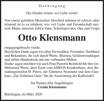 Traueranzeige von Otto Klensmann  von Magdeburger Volksstimme