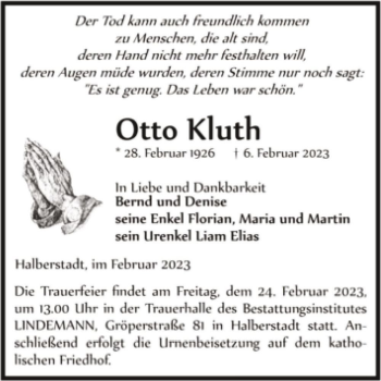 Traueranzeige von Otto Kluth  von Magdeburger Volksstimme