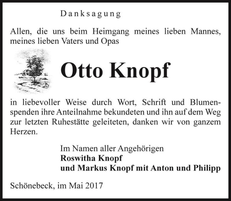  Traueranzeige für Otto Knopf  vom 20.05.2017 aus Magdeburger Volksstimme