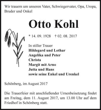 Traueranzeige von Otto Kohl  von Magdeburger Volksstimme