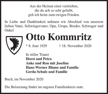 Traueranzeige von Otto Kommritz  von Magdeburger Volksstimme