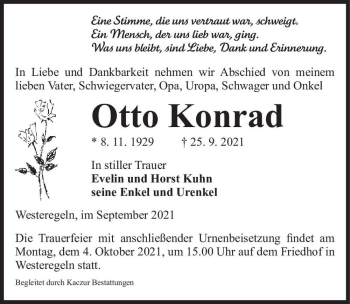 Traueranzeige von Otto Konrad  von Magdeburger Volksstimme