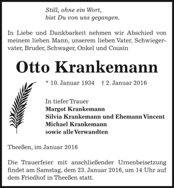 Traueranzeige von Otto Krankemann  von Magdeburger Volksstimme