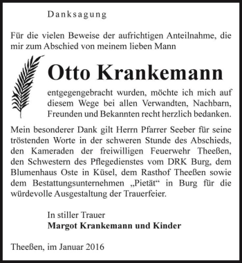Traueranzeige von Otto Krankemann  von Magdeburger Volksstimme
