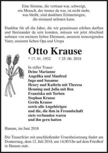 Traueranzeige von Otto Krause  von Magdeburger Volksstimme