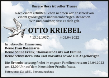 Traueranzeige von Otto Kriebel  von Magdeburger Volksstimme