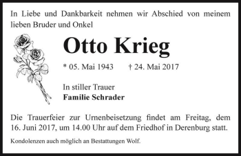 Traueranzeige von Otto Krieg  von Magdeburger Volksstimme