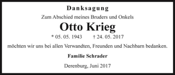 Traueranzeige von Otto Krieg  von Magdeburger Volksstimme