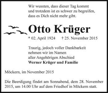 Traueranzeige von Otto Krüger  von Magdeburger Volksstimme