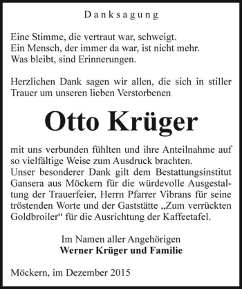 Traueranzeige von Otto Krüger  von Magdeburger Volksstimme