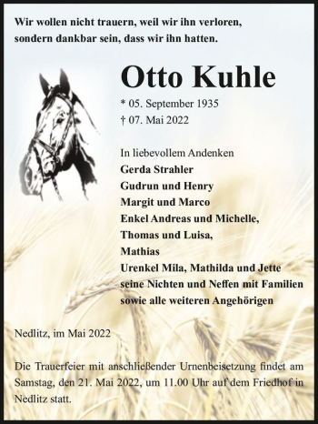 Traueranzeige von Otto Kuhle  von Magdeburger Volksstimme