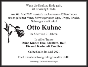 Traueranzeige von Otto Kuhne  von Magdeburger Volksstimme