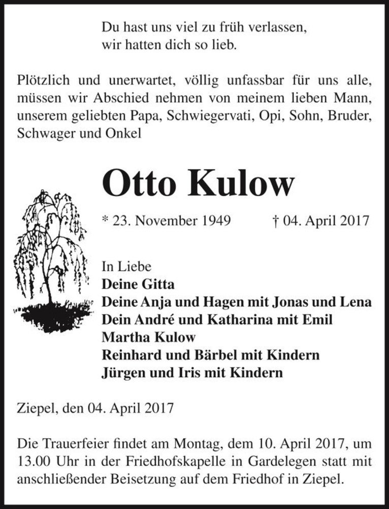  Traueranzeige für Otto Kulow  vom 07.04.2017 aus Magdeburger Volksstimme
