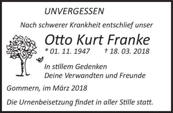 Traueranzeige von Otto Kurt Franke  von Magdeburger Volksstimme