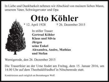 Traueranzeige von Otto Köhler  von Magdeburger Volksstimme