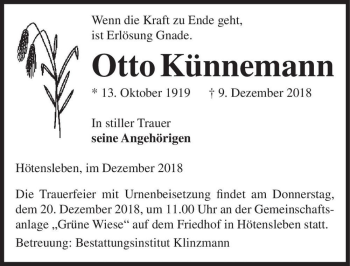 Traueranzeige von Otto Künnemann  von Magdeburger Volksstimme