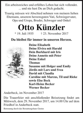 Traueranzeige von Otto Künzler  von Magdeburger Volksstimme