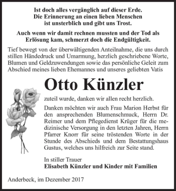 Traueranzeige von Otto Künzler  von Magdeburger Volksstimme