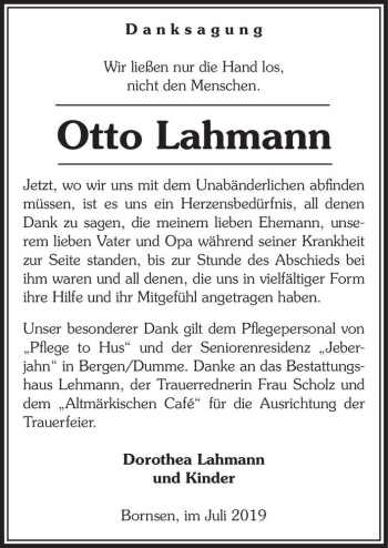 Traueranzeige von Otto Lahmann  von Magdeburger Volksstimme