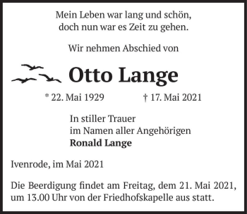 Traueranzeige von Otto Lange  von Magdeburger Volksstimme