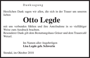 Traueranzeige von Otto Legde  von Magdeburger Volksstimme
