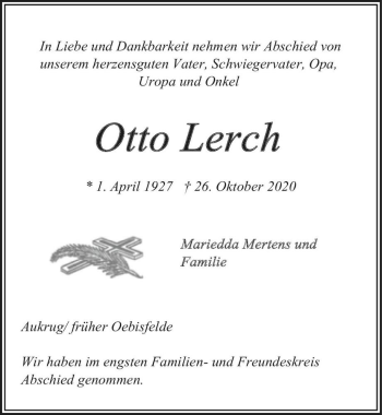 Traueranzeige von Otto Lerch  von Magdeburger Volksstimme