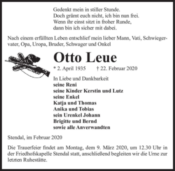 Traueranzeige von Otto Leue  von Magdeburger Volksstimme