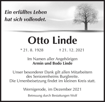Traueranzeige von Otto Linde  von Magdeburger Volksstimme