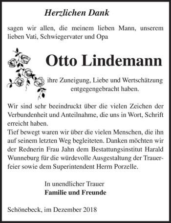 Traueranzeige von Otto Lindemann  von Magdeburger Volksstimme