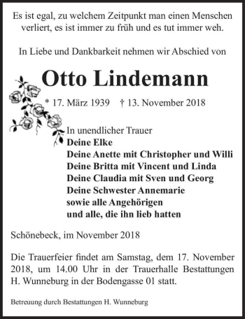 Traueranzeige von Otto Lindemann  von Magdeburger Volksstimme
