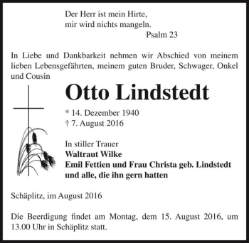 Traueranzeige von Otto Lindstedt  von Magdeburger Volksstimme