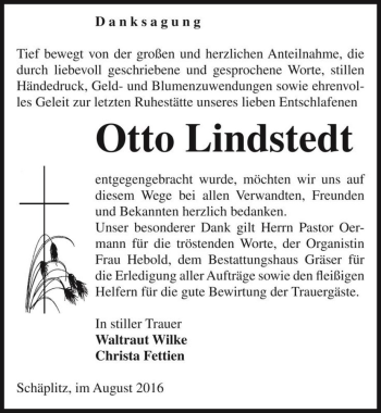 Traueranzeige von Otto Lindstedt  von Magdeburger Volksstimme