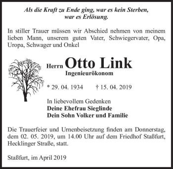 Traueranzeige von Otto Link  von Magdeburger Volksstimme