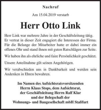 Traueranzeige von Otto Link  von Magdeburger Volksstimme